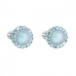 Stříbrné náušnice pecka s krystaly Swarovski a světle modrou matnou perlou kulaté 31314.3 Light Blue