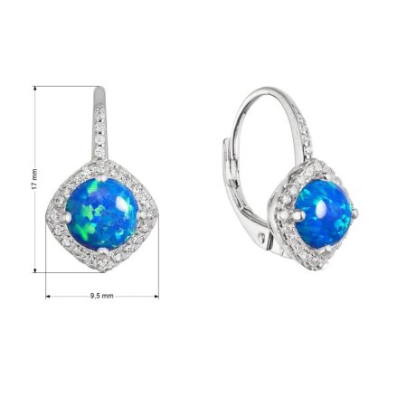 Stříbrné náušnice visací s modrým kulatým syntetickým opálem a zirkony 11463.3 blue