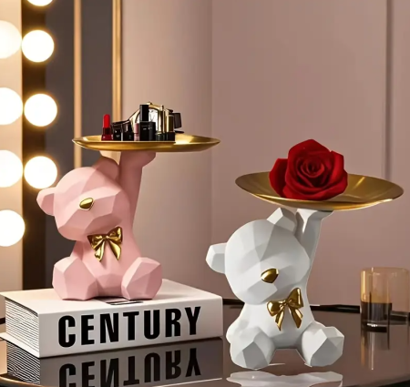 Ružový medvedík zo živice s mašľou a táckou