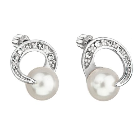 Stříbrné náušnice pecka s perlou Swarovski bílé kulaté 31239.1 Bílá