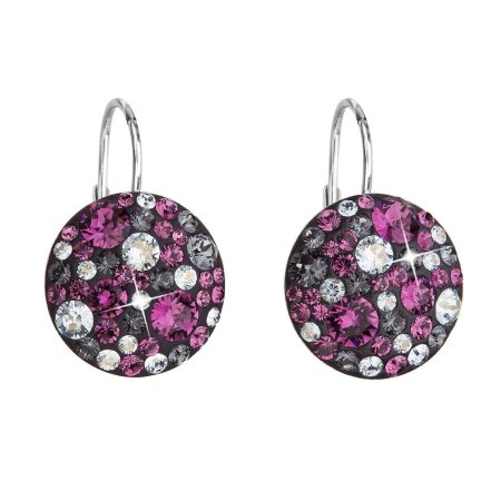 Stříbrné náušnice visací s krystaly Swarovski fialové kulaté 31176.3 Dark Amethyst