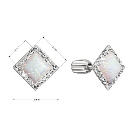 Stříbrné náušnice pecka se syntetickým opálem a křišťály Preciosa bílý kosočtverec 31318.1 White
