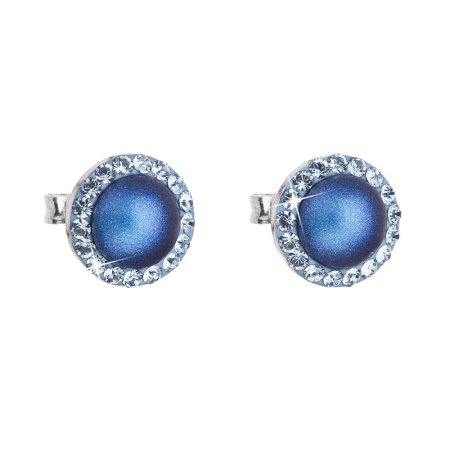 Strieborné náušnice pecka s kryštálmi Swarovski a tmavo modrou matnou perlou okrúhle 31214.3 Dark Blue