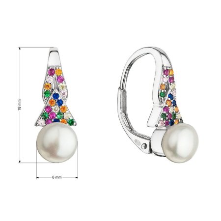 Stříbrné náušnice visací multi zirkony s bílou říční perlou 21072.3 Multi