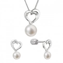 Perlová súprava srdca so zirkónmi a bielou riečnou perlou 29064.1B