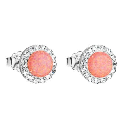 Strieborné náušnice kôstky so syntetickým opálom a krištáľmi Preciosa oranžové okrúhle 31217.1 Coral s. Opal