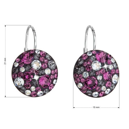 Stříbrné náušnice visací s krystaly Swarovski fialové kulaté 31176.3 Dark Amethyst