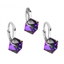 Sada šperků s krystaly náušnice a přívěsek fialová kostička 39068.5 Heliotrope