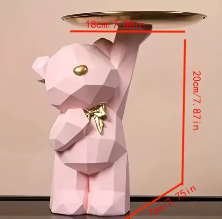 Růžový medvídek z pryskyřice s mašlí a tácem