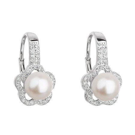 Stříbrné náušnice visací s bílou říční perlou 21046.1 Bílá