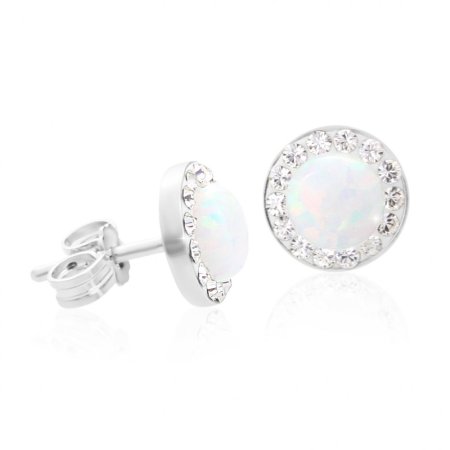 Stříbrné náušnice pecky s bílým opálem a krystaly Swarovski Elements White Opal