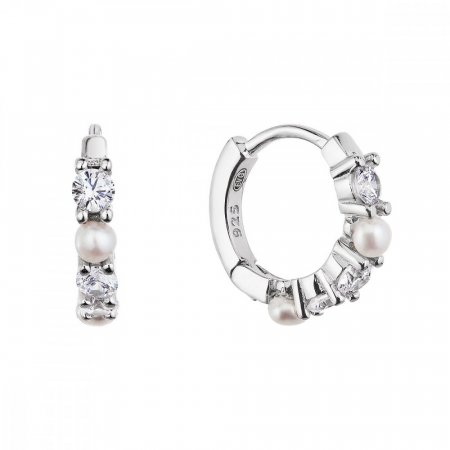 Strieborné náušnice krúžky s bielymi riečnymi perlami a zirkónmi 21077.1