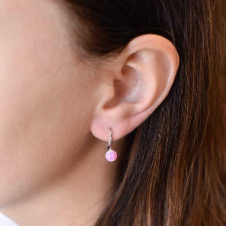 Stříbrné visací náušnice se syntetickým opálem růžové kulaté 11242.3 Pink s. Opal