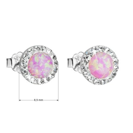 Strieborné ružové náušnice kôstky so syntetickým opálom a krištáľmi Preciosa okrúhle 31217.1 Pink s. Opal