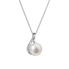 Zlatý 14 karátový náhrdelník slza biele zlato s bielou riečnou perlou a briliantmi 82PB00029