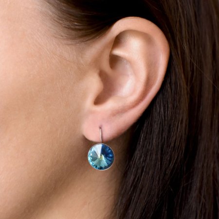 Strieborné náušnice visiace s kryštálmi Swarovski modré okrúhle 31106.5 Bermuda Blue