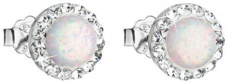 Strieborné náušnice kôstky so syntetickým opálom a kryštálmi Swarovski biele okrúhle 31217.1 White s. Opal