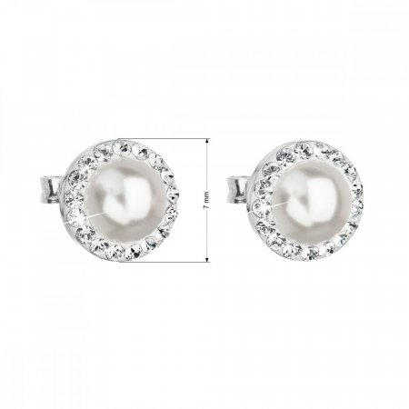 Stříbrné náušnice pecka s krystaly Swarovski a bílou perlou kulaté 31214.1 Bílá 7 mm