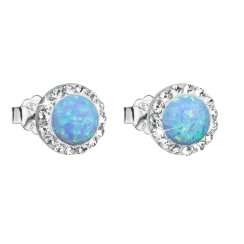Strieborné náušnice kôstky so syntetickým opálom a krištáľmi Preciosa svetlomodré okrúhle 31217.1 Lt. Blue s. Opal