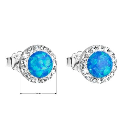 Stříbrné náušnice pecky se syntetickým opálem a křišťály Preciosa modré kulaté 31217.1 Blue s. Opal