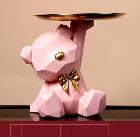 Ružový medvedík zo živice s mašľou a táckou