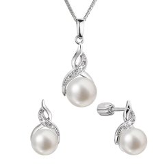 Perlová souprava mašlička se zirkony a bielou říční perlou 29054.1B
