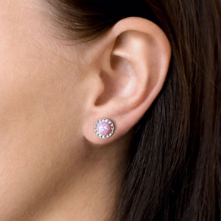 Stříbrné růžové náušnice pecky se syntetickým opálem a krystaly Swarovski kulaté 31217.1 Pink s. Opal