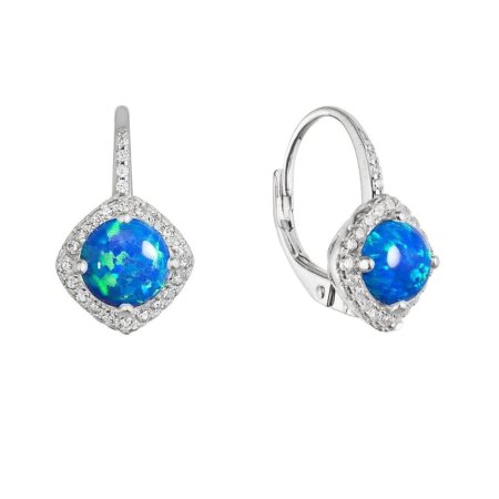 Stříbrné náušnice visací s modrým kulatým syntetickým opálem a zirkony 11463.3 blue