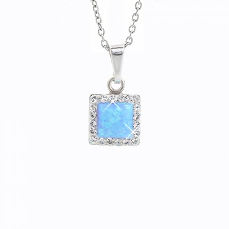 Strieborný náhrdelník so svetlo modrým opálom a kryštálmi Swarovski Elements štvorec Blue Opal