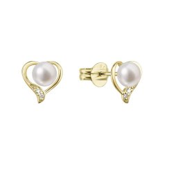 Zlaté 14 karátové náušnice srdca s riečnou perlou a briliantmi 91PB00054
