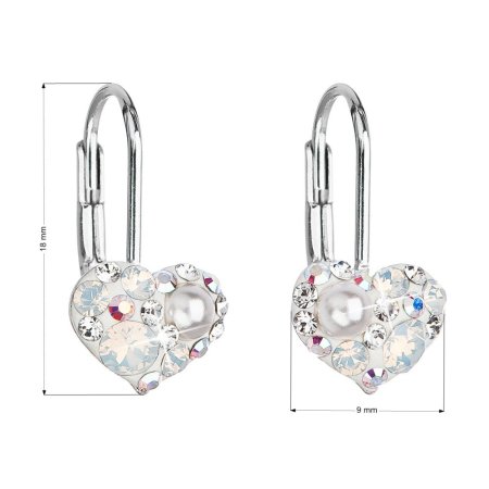 Strieborné náušnice visiace s kryštálmi Swarovski biele srdce 31125.9 White opal