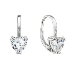 Stříbrné náušnice visací se zirkony bílé srdíčko 11409.1 Krystal
