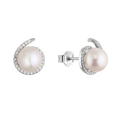 Strieborné náušnice kôstky s bielou riečnou perlou a zirkónmi 21116.1