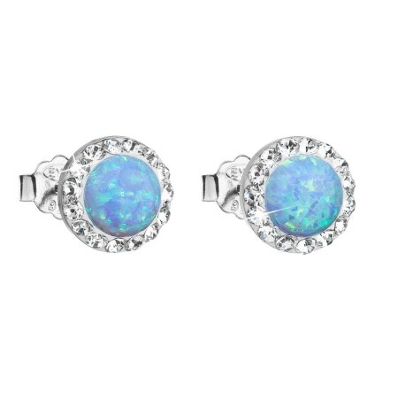 Strieborné náušnice kôstky so syntetickým opálom a krištáľmi Preciosa svetlomodré okrúhle 31217.1 Lt. Blue s. Opal
