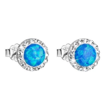 Stříbrné náušnice pecky se syntetickým opálem a křišťály Preciosa modré kulaté 31217.1 Blue s. Opal