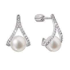 Strieborné náušnice trojuholník so zirkónmi a riečnou perlou bielej 21084.1B