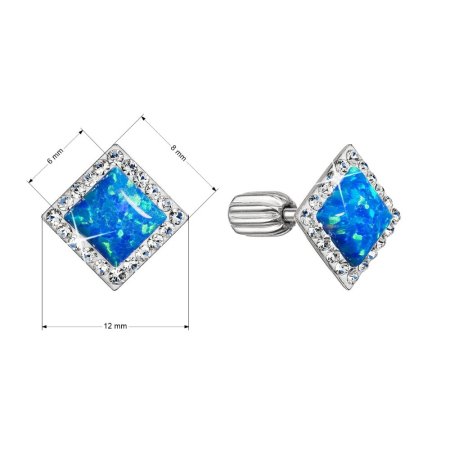 Stříbrné náušnice pecka s modrým syntetickým opálem a bílé křišťály Preciosa čtverec 31318.1 blue