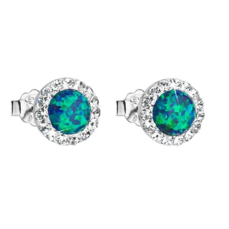 Strieborné náušnice kôstky so syntetickým opálom a krištáľmi Preciosa zelené okrúhle 31217.1 Green s. Opal