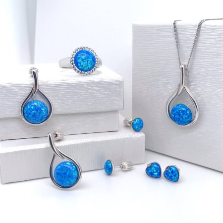 Stříbrné náušnice pecky se syntetickým opálem modré kulaté 11001.3 Blue s. Opal