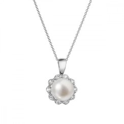 Zlatý 14 karátový náhrdelník kytička biele zlato s bielou riečnou perlou a briliantmi 82PB00036