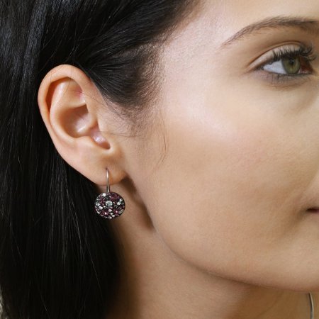 Stříbrné náušnice visací s krystaly Swarovski fialové kulaté 31176.3 Dark Amethyst