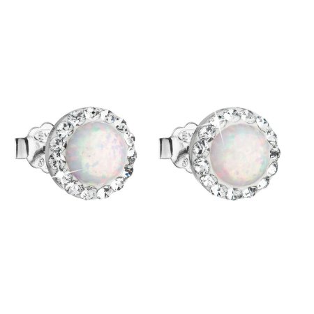 Stříbrné náušnice pecky se syntetickým opálem a křišťály Preciosa bílé kulaté 31217.1 White s. Opal