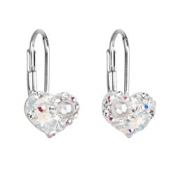 Strieborné náušnice visiace s kryštálmi Swarovski biele srdce 31125.9 White opal