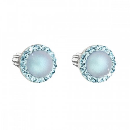 Stříbrné náušnice pecka s krystaly Swarovski a světle modrou matnou perlou kulaté 31314.3 Light Blue