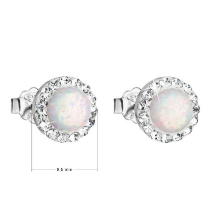 Strieborné náušnice kôstky so syntetickým opálom a krištáľmi Preciosa biele okrúhle 31217.1 White s. Opal