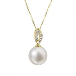 Zlatý 14 karátový náhrdelník s bielou riečnou perlou a briliantmi 92PB00040