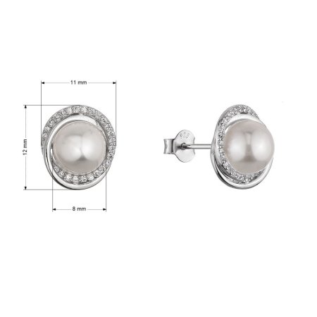 Stříbrné náušnice pecky s bílou říční perlou a zirkony kulaté 21113.1