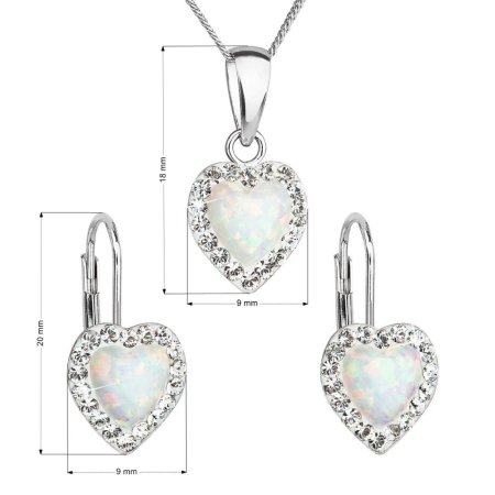 Sada šperků se syntetickým opálem a křišťály Preciosa náušnice a přívěšek bílé srdce 39161.1 White s. Opal