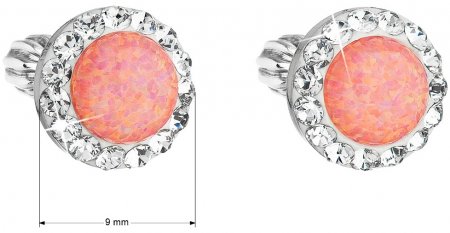 Strieborné náušnice kôstky so syntetickým opál a kryštály Swarovski oranžovej okrúhle 31317.1 Coral s. Opal