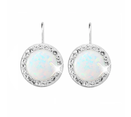 Stříbrné náušnice klapky s kulatým opálem a krystaly Swarovski White velké